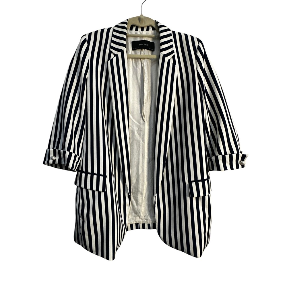 Vintage Zara Blazer Womens M Navy Blue White Striped Pearl Cuff Open Front
